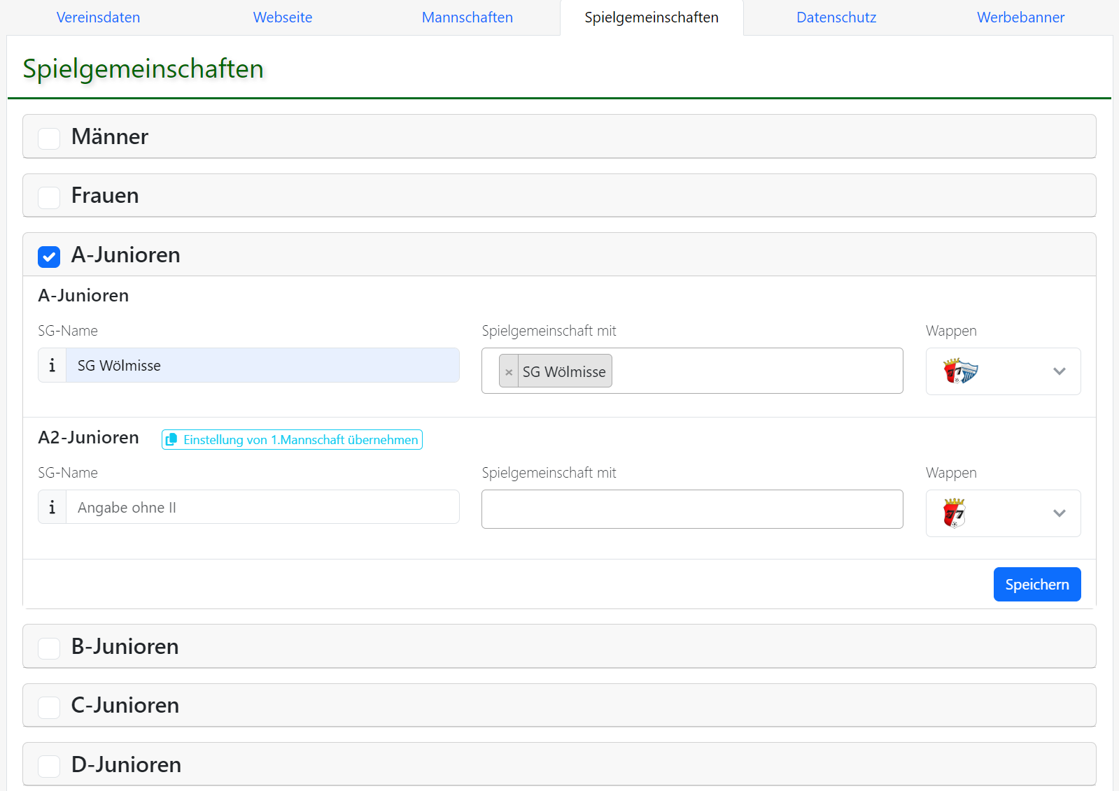 Für Spielgemeinschaften können Wappen individuell ausgewählt werden.