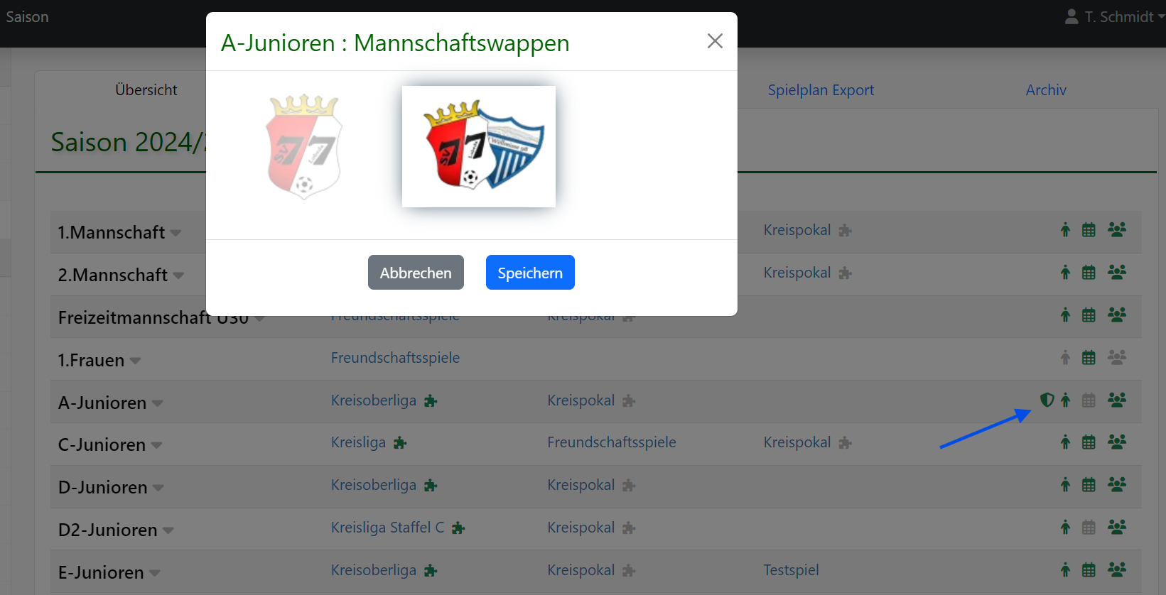 Wenn Spielgemeinschaften eingerichtet sind, kann hier nachträglich das Wappen geändert werden.