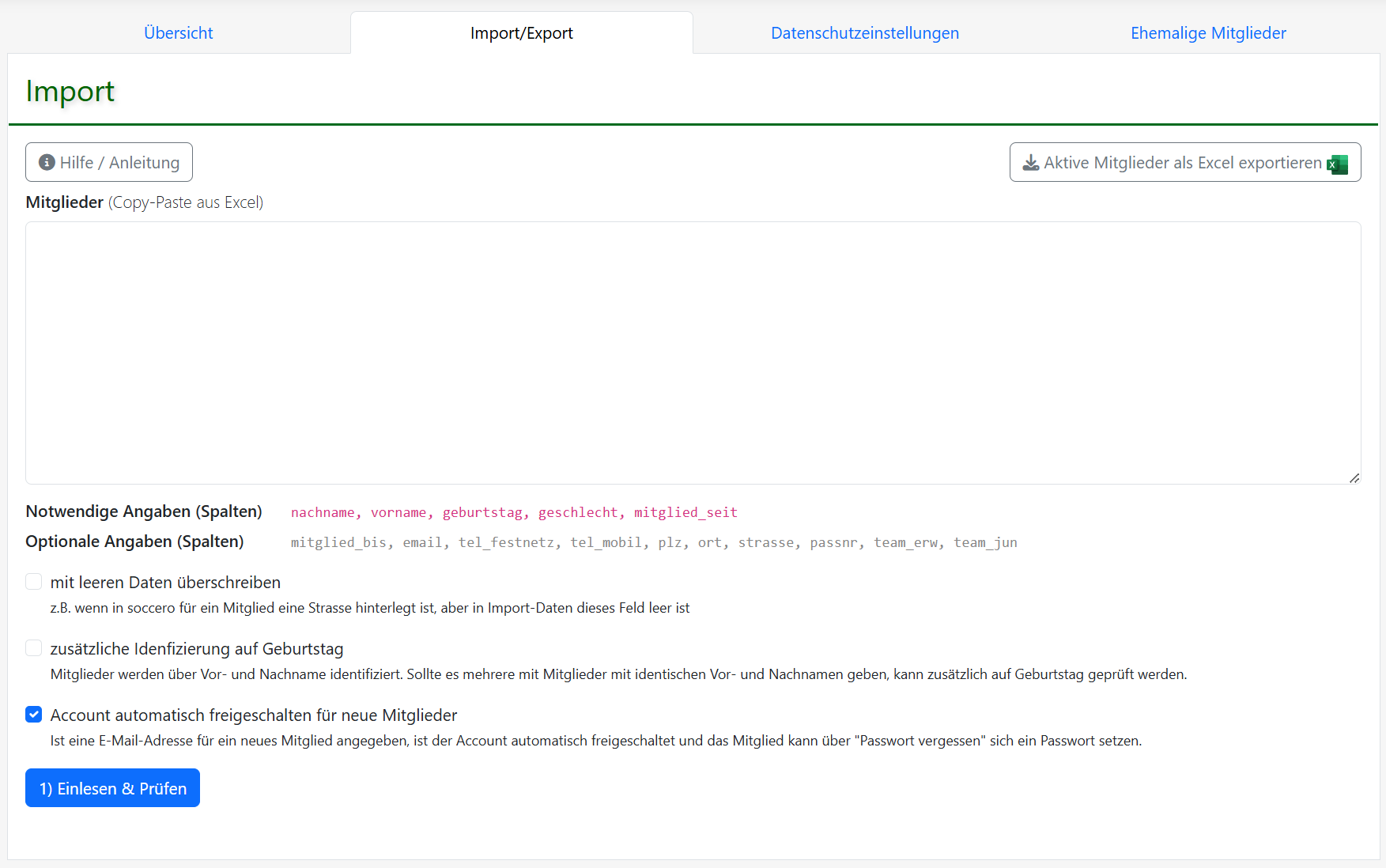 Import- und Exportfunktion für Mitglieder