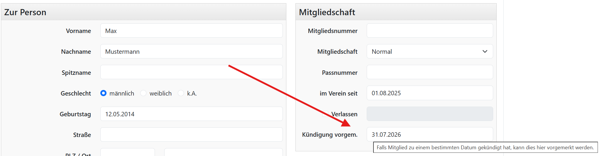 Neues Feld Kündigung vorgemerkt
