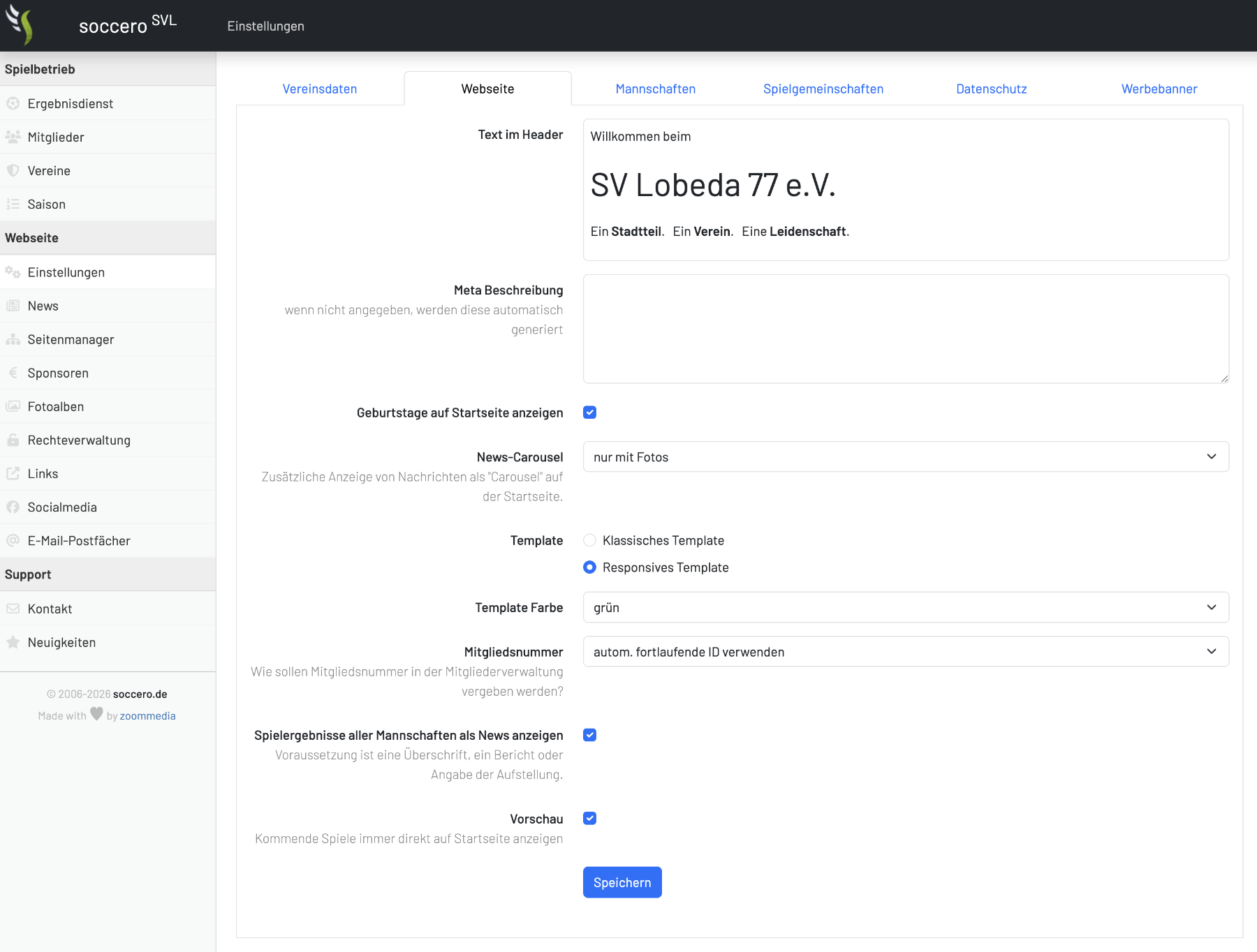 Website Einstellungen soccero